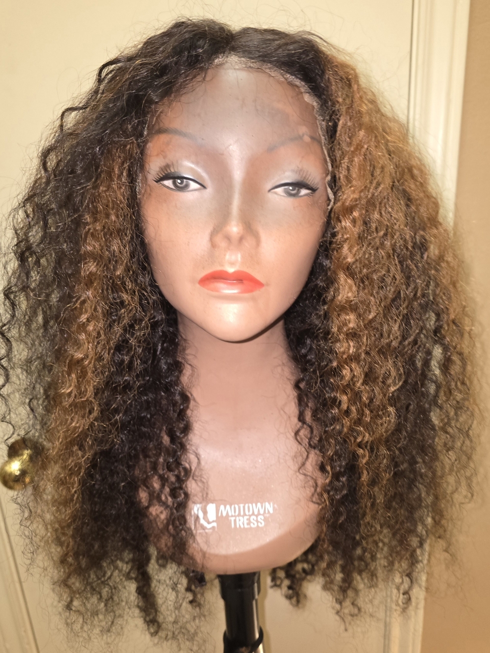 Thick Curly Lace Front HH Wig Brown with Honey Highlights